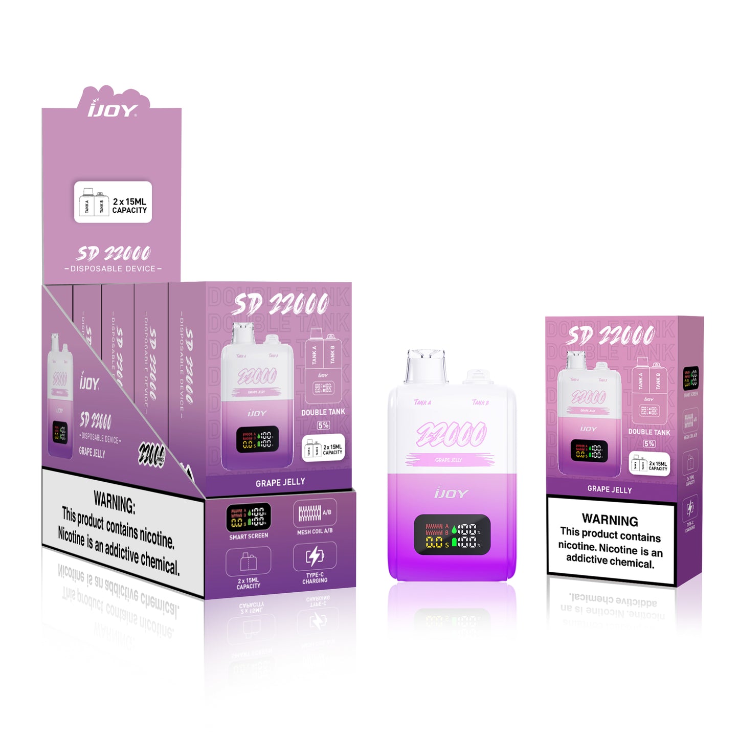 This is a ijoy disposable vape.
ijoy sd model:SD 22000.
SD mode support.
vape flavours is grape jelly.
