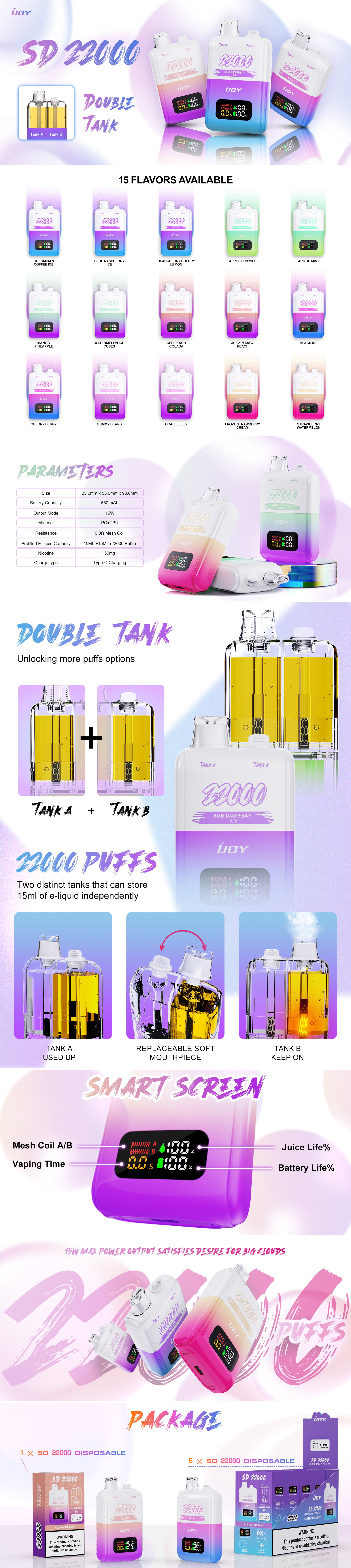ijoy vape SD 22000, SD mode support .This image provides a detailed overview of the features of the SD 22000, including 15 flavors, technical specifications, key information about the “smart screen,” and more.